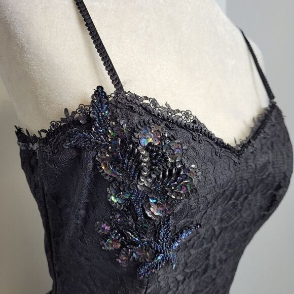 VINTAGE 80s Gunne Sax dress black sequined lace fit and flare formal XS - Picture 4 of 15